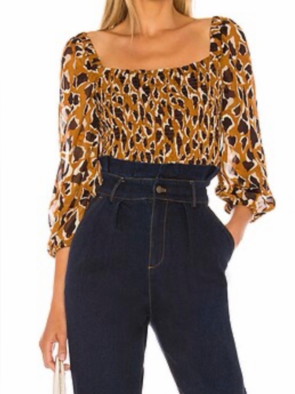 J.O.A. Just One Answer Leopard Smocked Long Sleeve Crop Top Size Medium